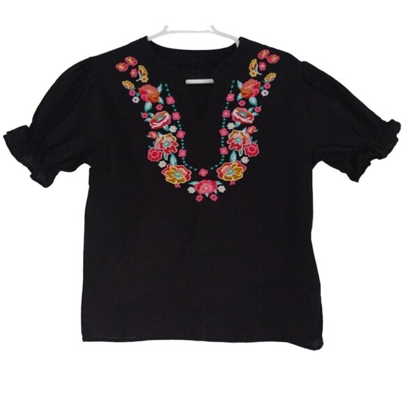 Womens Floral Embroidered Black Short Sleeve Blouse, 100% Cotton, Size S - Picture 2 of 7